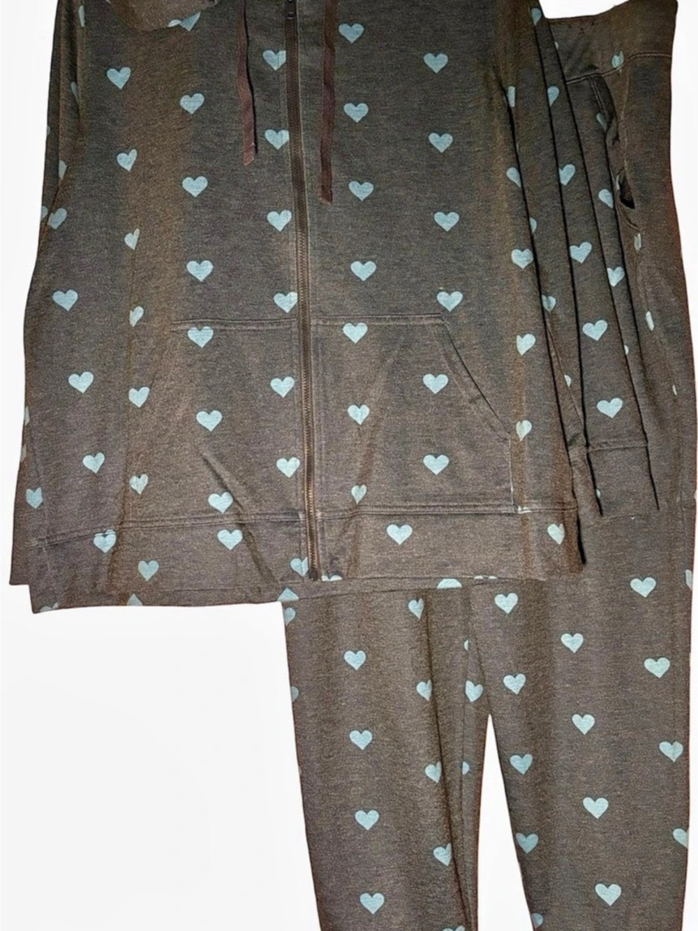 Style & Co. Heart Print Zipper Hoodie and Jogger Pant Set. Navy/Grey. Petite XL.